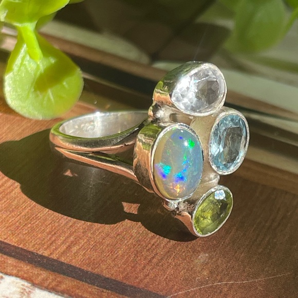 925 Sterling Silver natural Multi-Stone Fire Opal Ring,Topaz Peridot, OS - Picture 9 of 13